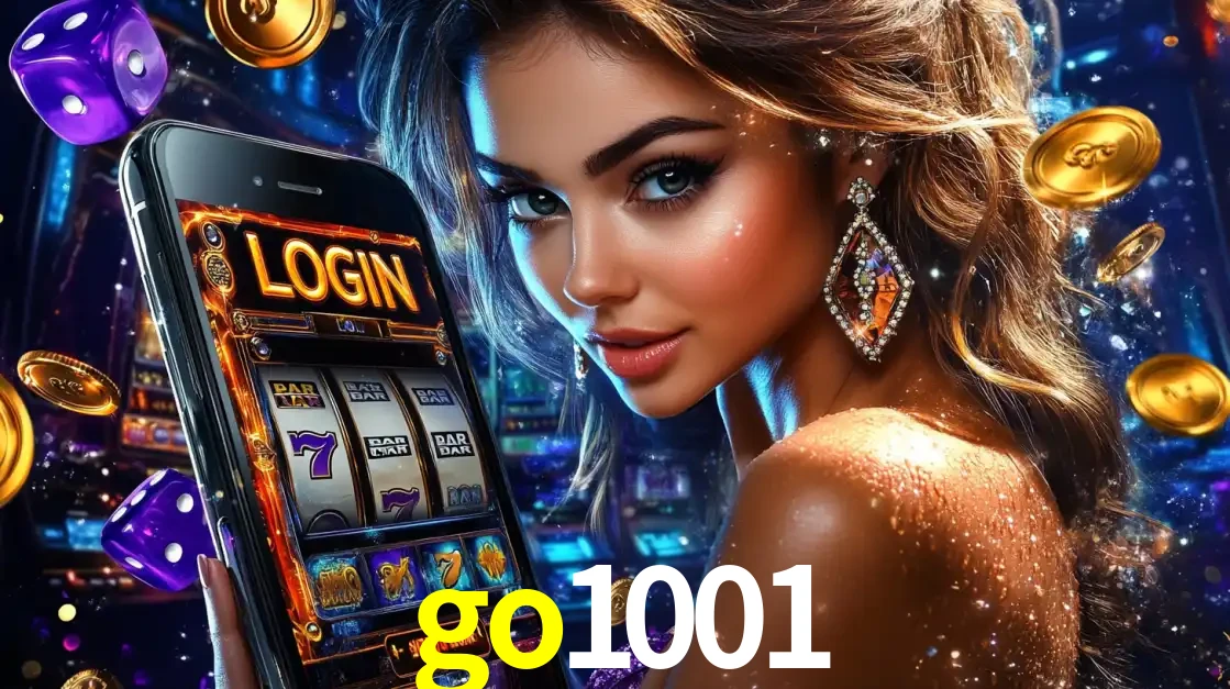 Mulher glamorosa segurando um smartphone com a tela de login para os jogos de caça-níqueis do cassino online go1001, com moedas de ouro e dados ao redor.