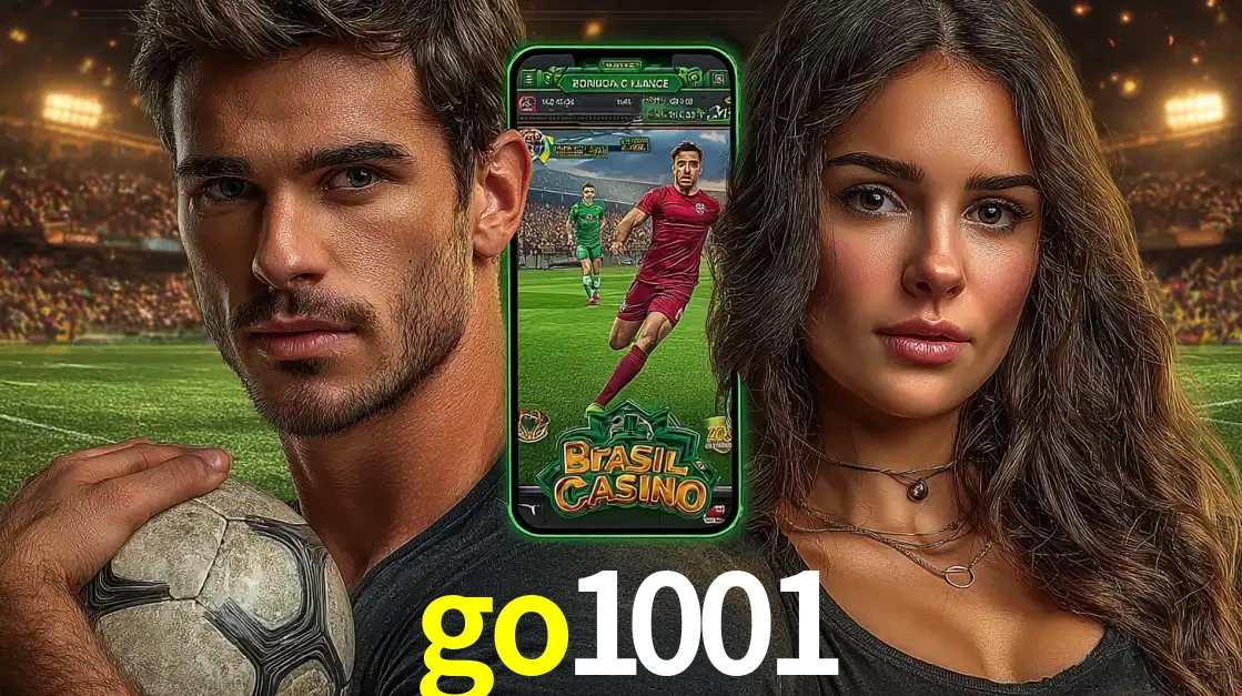 Homem segurando uma bola de futebol e uma mulher ao lado de um smartphone exibindo o jogo de apostas esportivas da go1001. Faça seu palpite no cassino online.
